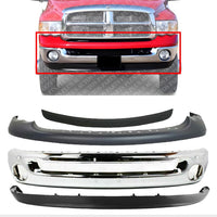 Front Bumper Chrome Steel + Upper Cover Primed + Lower Valance Textured + Step Pad Molding Direct Replacement Compatible With 2002-2005 Dodge Ram 1500 2500 3500 CH1002383 CH1000338