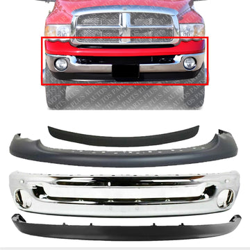 Front Bumper Chrome Steel + Upper Cover Primed + Lower Valance Textured + Step Pad Molding Direct Replacement Compatible With 2002-2005 Dodge Ram 1500 2500 3500 CH1002383 CH1000338