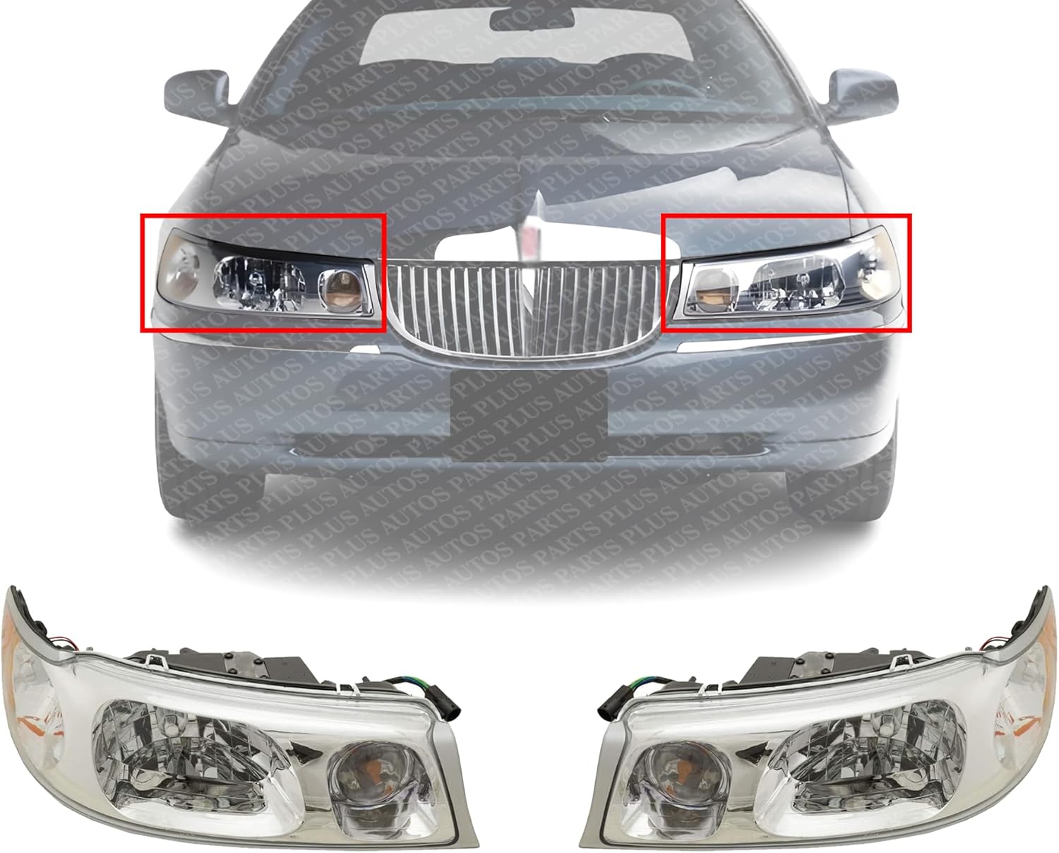Set Of 2 Front Head Lights Assembly Halogen Plastic Left Driver & Right Passenger Side Direct Replacement Compatible With 1998-2002 Lincoln Town Car FO2502158 FO2503158