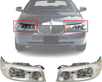 Set Of 2 Front Head Lights Assembly Halogen Plastic Left Driver & Right Passenger Side Direct Replacement Compatible With 1998-2002 Lincoln Town Car FO2502158 FO2503158