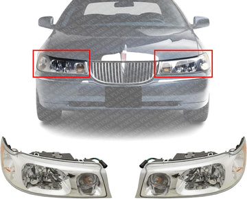 Set Of 2 Front Head Lights Assembly Halogen Plastic Left Driver & Right Passenger Side Direct Replacement Compatible With 1998-2002 Lincoln Town Car FO2502158 FO2503158