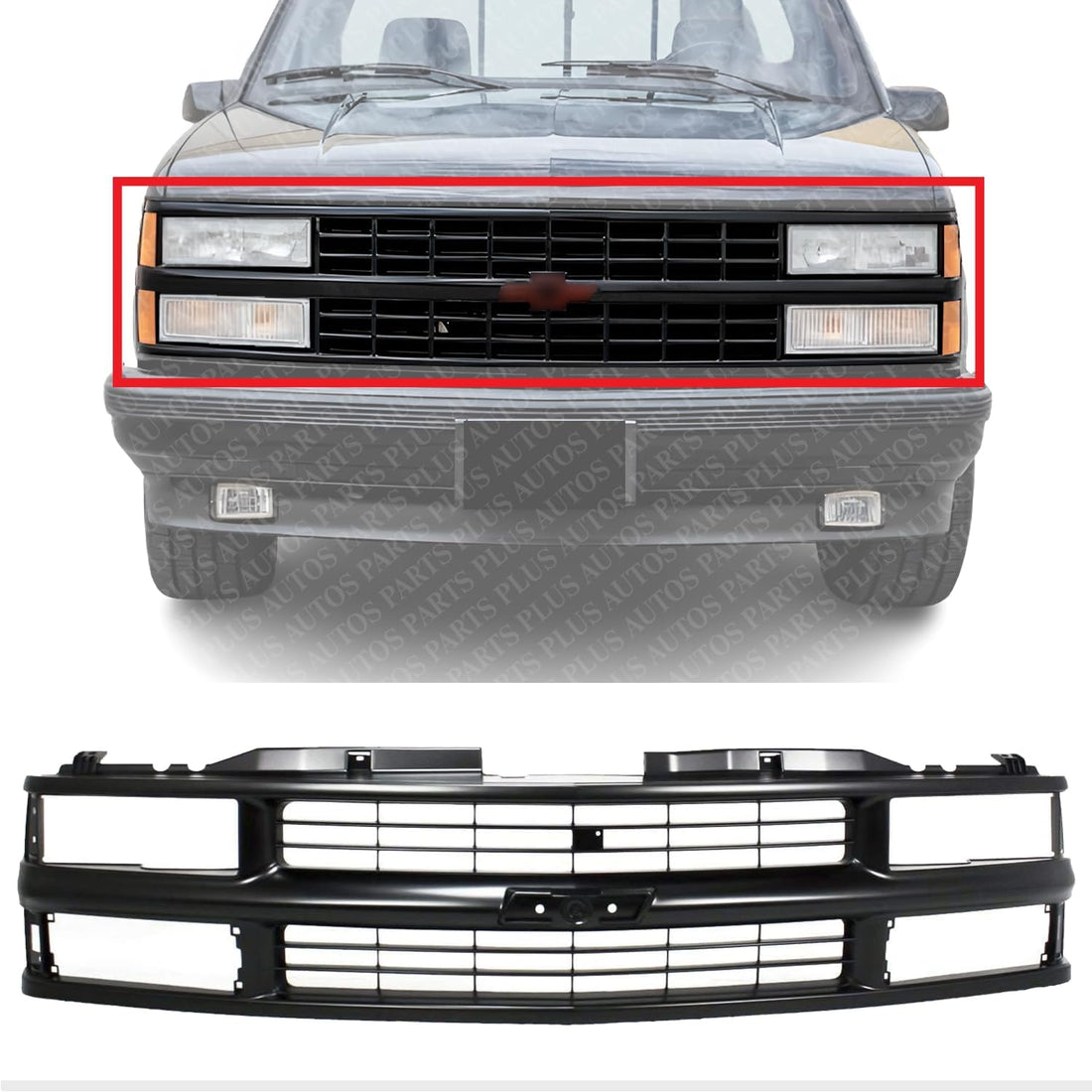 Front Grille Painted Black Shell & Cross Bar Insert With Dual Beam Headlamp Direct Replacement Compatible With 1994-2000 Chevrolet / 1994-1999 Suburban C-K Series GM1200239 15981092