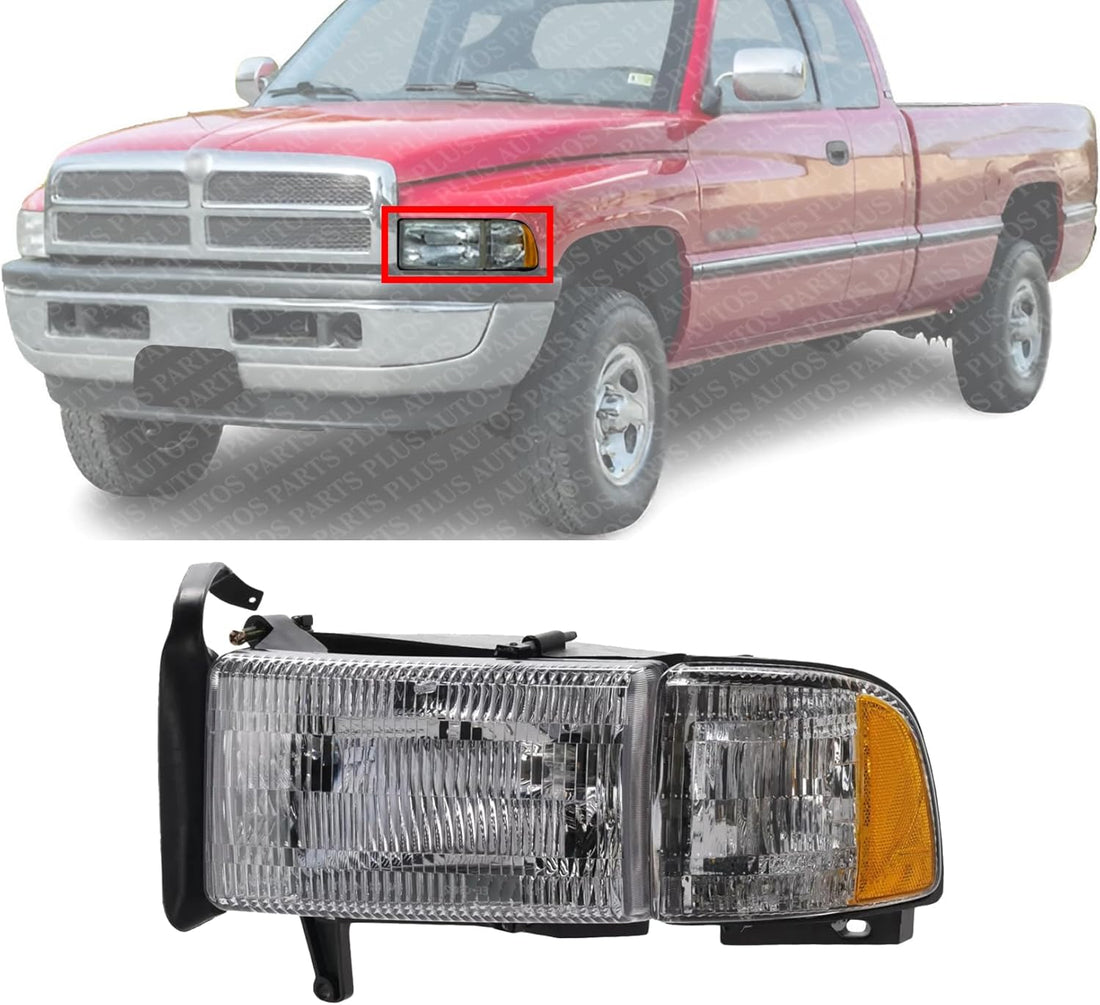 Front Head Light Assembly Left Driver Side Direct Replacement Compatible With 1994-2002 Dodge Ram 1500 2500 3500 CH2502101 55076749AD 55076749AO