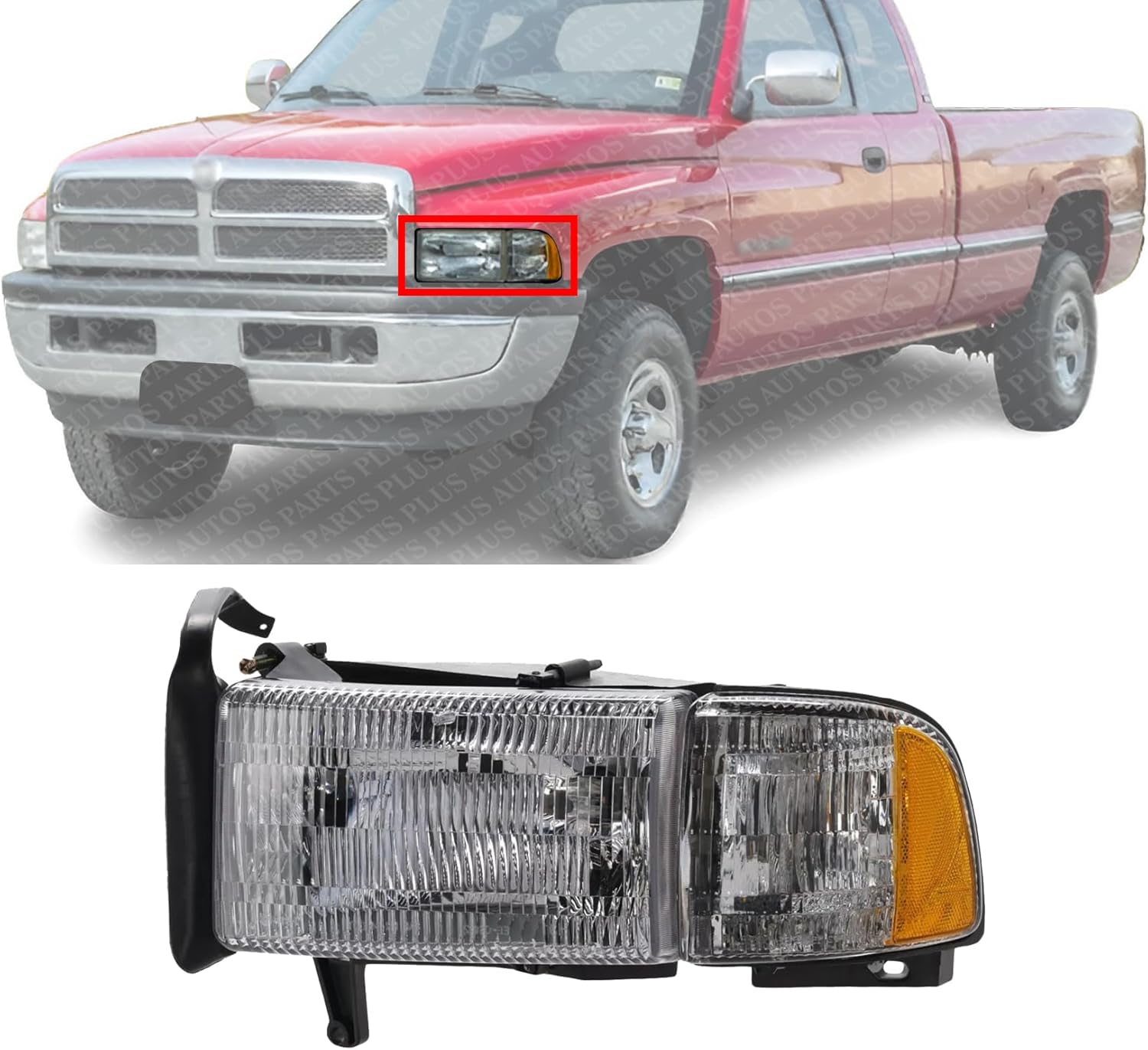 Front Head Light Assembly Left Driver Side Direct Replacement Compatible With 1994-2002 Dodge Ram 1500 2500 3500 CH2502101 55076749AD 55076749AO