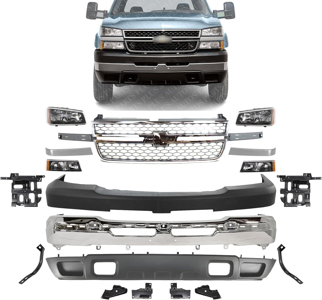 Front Bumper + Upper + Lower Valance + Grille + Moldings + Head & Signal Lights + Brackets Left & Right Side Direct Replacement Compatible With 2003-2006 Chevrolet Silverado 2500HD