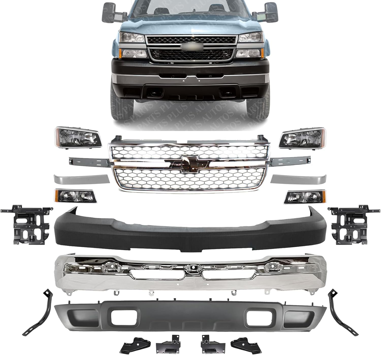Front Bumper + Upper + Lower Valance + Grille + Moldings + Head & Signal Lights + Brackets Left & Right Side Direct Replacement Compatible With 2003-2006 Chevrolet Silverado 2500HD
