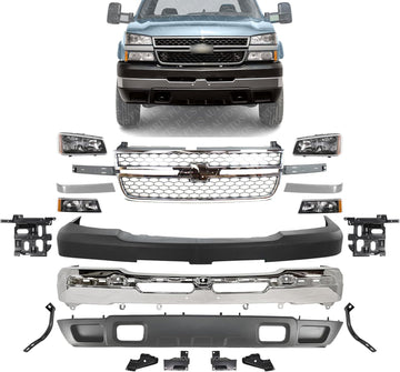 Front Bumper + Upper + Lower Valance + Grille + Moldings + Head & Signal Lights + Brackets Left & Right Side Direct Replacement Compatible With 2003-2006 Chevrolet Silverado 2500HD