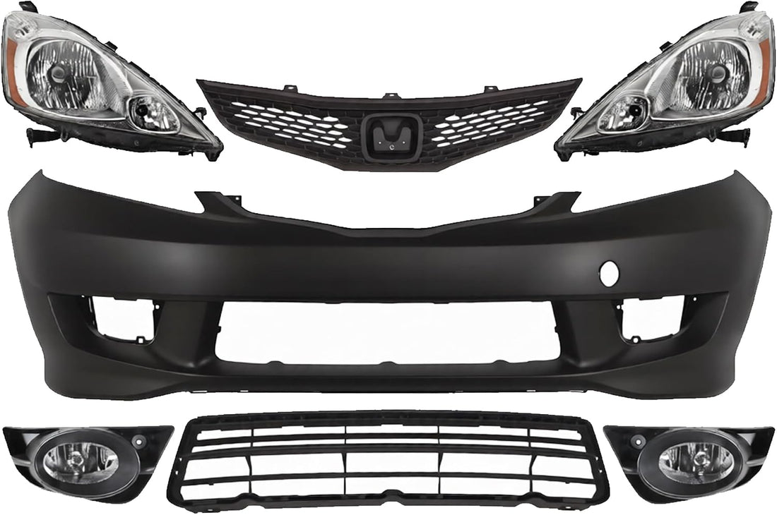 Front Bumper Cover Primed Plastic + Upper & Lower Grille + Headlights + Fog Light Left Driver & Right Passenger Side Direct Replacement Compatible With 2009-2011 Honda Fit