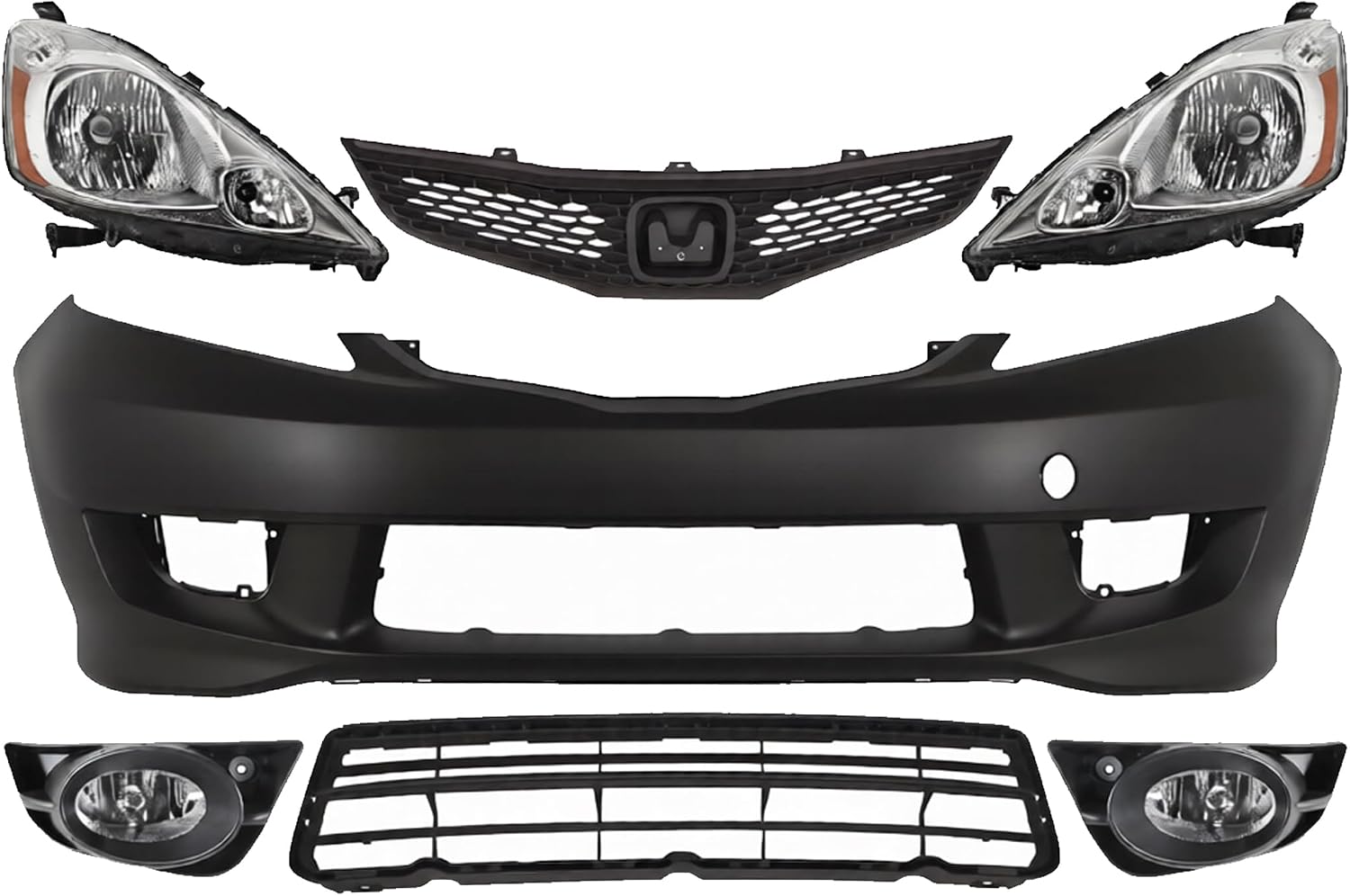 Front Bumper Cover Primed Plastic + Upper & Lower Grille + Headlights + Fog Light Left Driver & Right Passenger Side Direct Replacement Compatible With 2009-2011 Honda Fit
