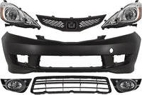 Front Bumper Cover Primed Plastic + Upper & Lower Grille + Headlights + Fog Light Left Driver & Right Passenger Side Direct Replacement Compatible With 2009-2011 Honda Fit