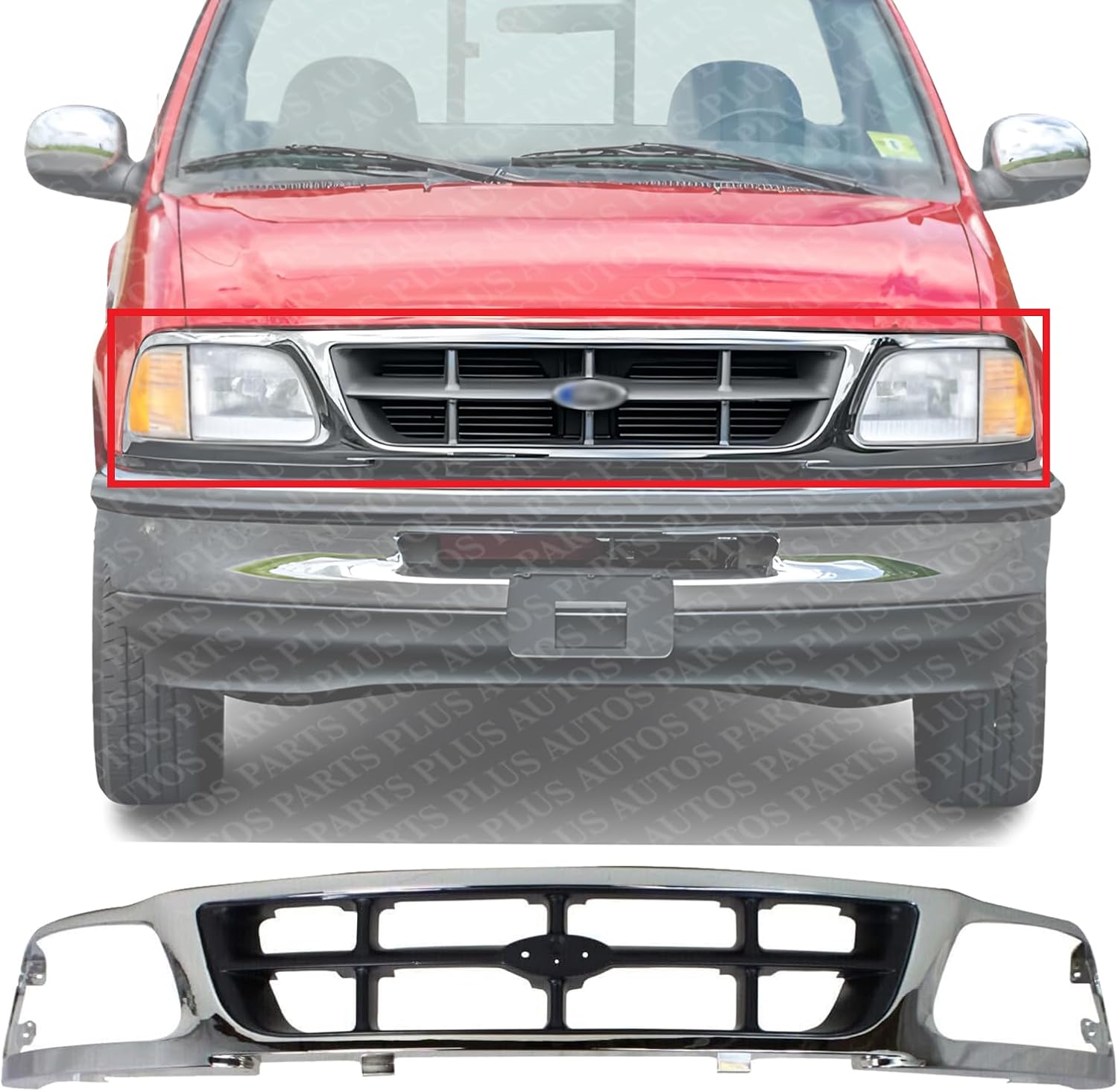 Front Grille Cross Bar Chrome Shell With Gray Insert Plastic Direct Replacement Compatible With 1997-1998 Ford F-150 / F-250 FO1200320 F85Z8200BAA