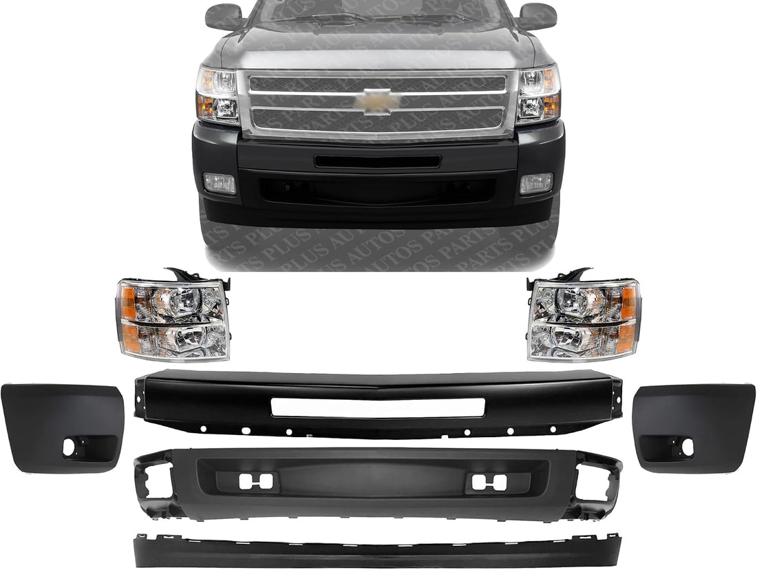 Front Bumper Primed + Lower Valance Air Deflector + Extension + Headlights + End Caps Left & Right Side Direct Replacement Compatible With 2007-2013 Chevrolet Silverado 1500 GM1092192