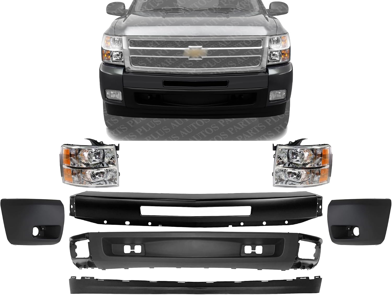 Front Bumper Primed + Lower Valance Air Deflector + Extension + Headlights + End Caps Left & Right Side Direct Replacement Compatible With 2007-2013 Chevrolet Silverado 1500 GM1092192