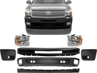 Front Bumper Primed + Lower Valance Air Deflector + Extension + Headlights + End Caps Left & Right Side Direct Replacement Compatible With 2007-2013 Chevrolet Silverado 1500 GM1092192