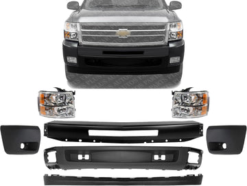 Front Bumper Primed + Lower Valance Air Deflector + Extension + Headlights + End Caps Left & Right Side Direct Replacement Compatible With 2007-2013 Chevrolet Silverado 1500 GM1092192