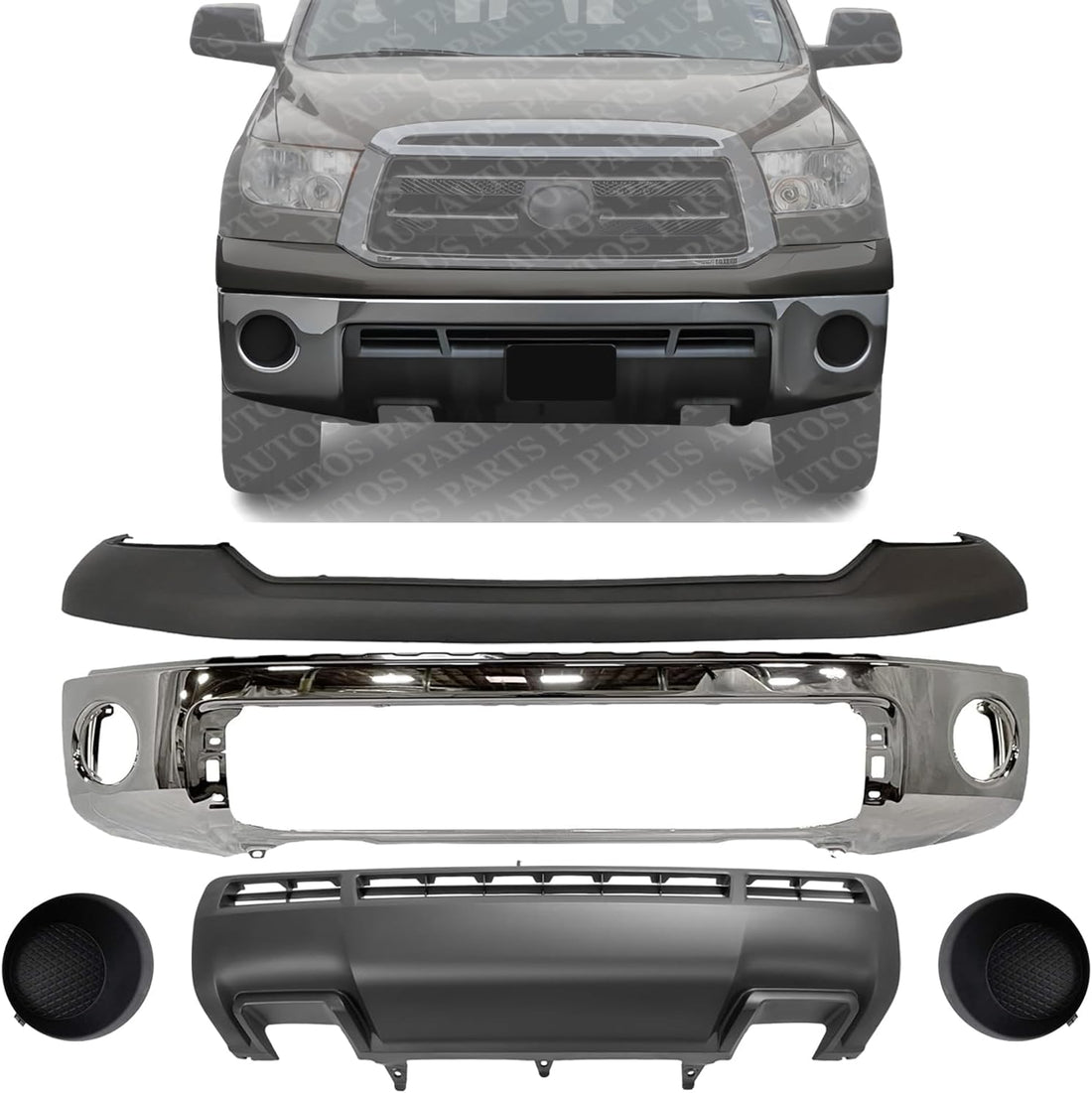 Front Bumper Face Bar Chrome Steel + Upper Cover + Lower Valance Panel + Fog Lamp Covers Left Driver & Right Passenger Side Direct Replacement Compatible With 2010-2013 Toyota Tundra