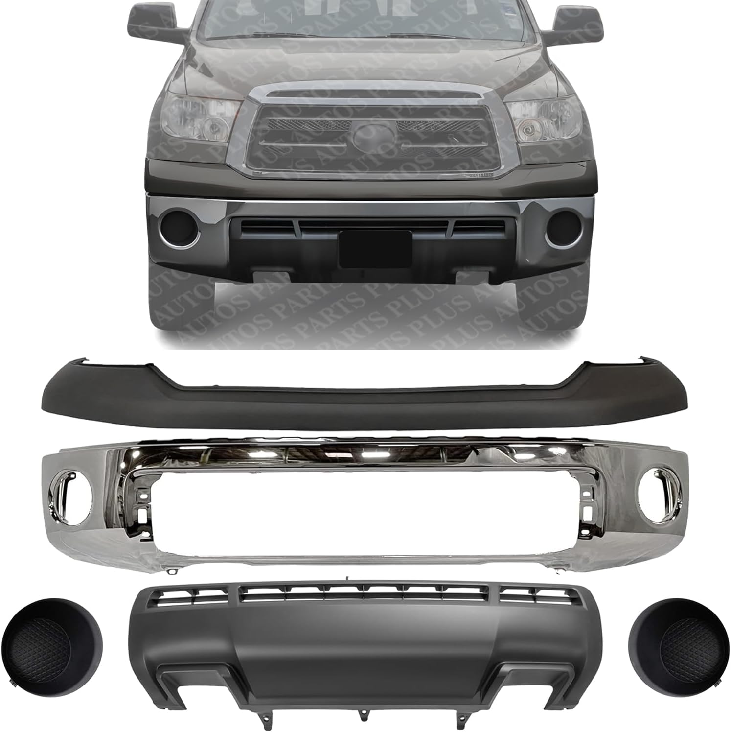 Front Bumper Face Bar Chrome Steel + Upper Cover + Lower Valance Panel + Fog Lamp Covers Left Driver & Right Passenger Side Direct Replacement Compatible With 2010-2013 Toyota Tundra