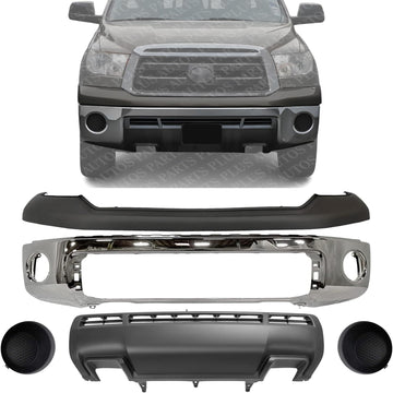 Front Bumper Face Bar Chrome Steel + Upper Cover + Lower Valance Panel + Fog Lamp Covers Left Driver & Right Passenger Side Direct Replacement Compatible With 2010-2013 Toyota Tundra
