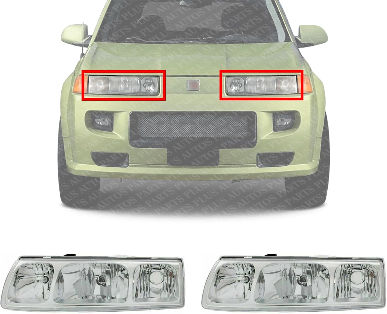 Set Of 2 Front Head Light Assembly Halogen Chrome Interior Left Driver & Right Passenger Side Direct Replacement Compatible With 2005 Saturn Vue GM2502253 GM2503253 22730381 22730382