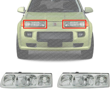 Set Of 2 Front Head Light Assembly Halogen Chrome Interior Left Driver & Right Passenger Side Direct Replacement Compatible With 2005 Saturn Vue GM2502253 GM2503253 22730381 22730382