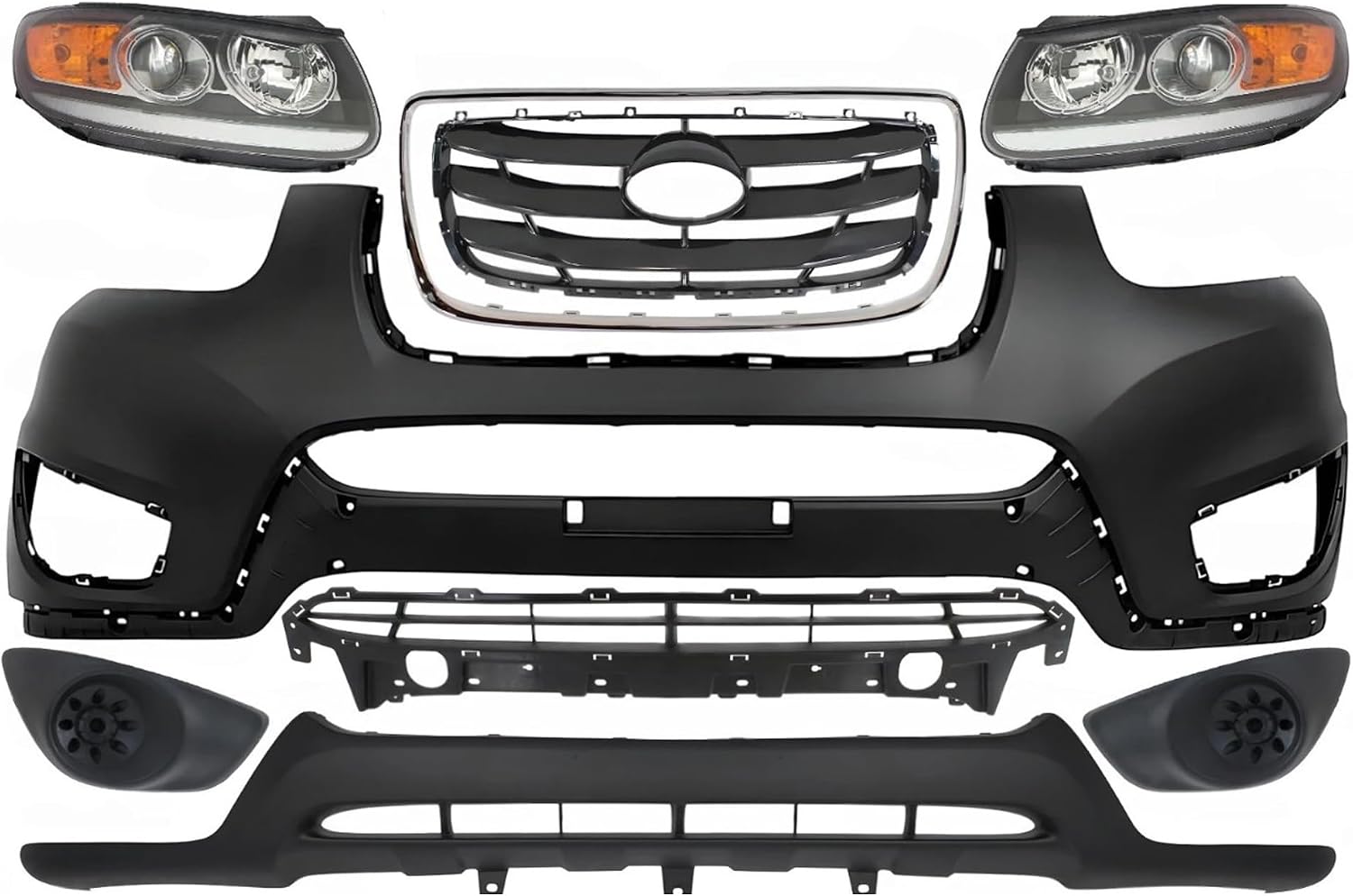 Front Bumper Cover + Valance + Upper & Lower Grille + Molding Chrome + Headlight + Fog Light Cover Left & Right Side Direct Replacement Compatible With 2010-2012 Hyundai Santa Fe