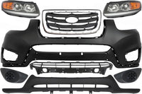 Front Bumper Cover + Valance + Upper & Lower Grille + Molding Chrome + Headlight + Fog Light Cover Left & Right Side Direct Replacement Compatible With 2010-2012 Hyundai Santa Fe