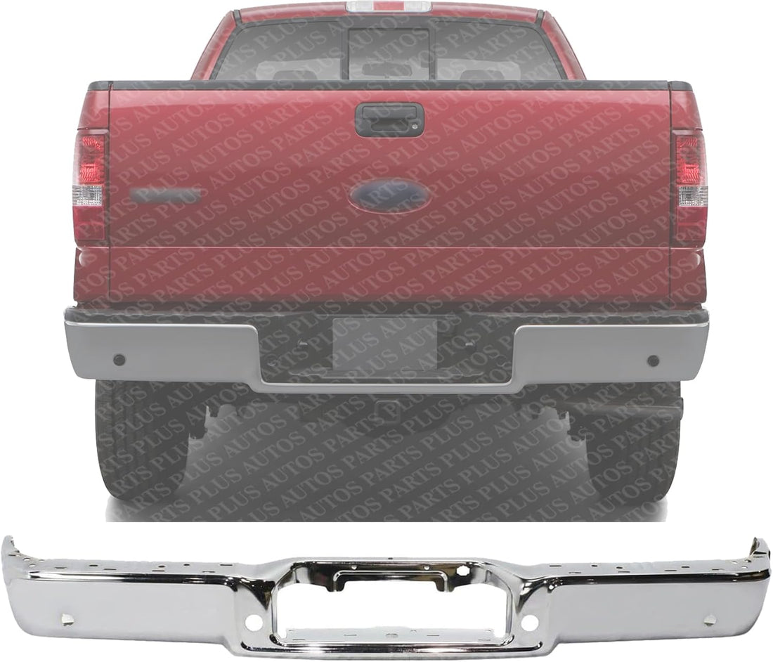 Rear Step Bumper Face Bar Chrome Steel With Object Sensor Holes Direct Replacement Compatible With 2005-2008 Ford F-150 / Lincoln Mark FO1102359 8L3Z17906C