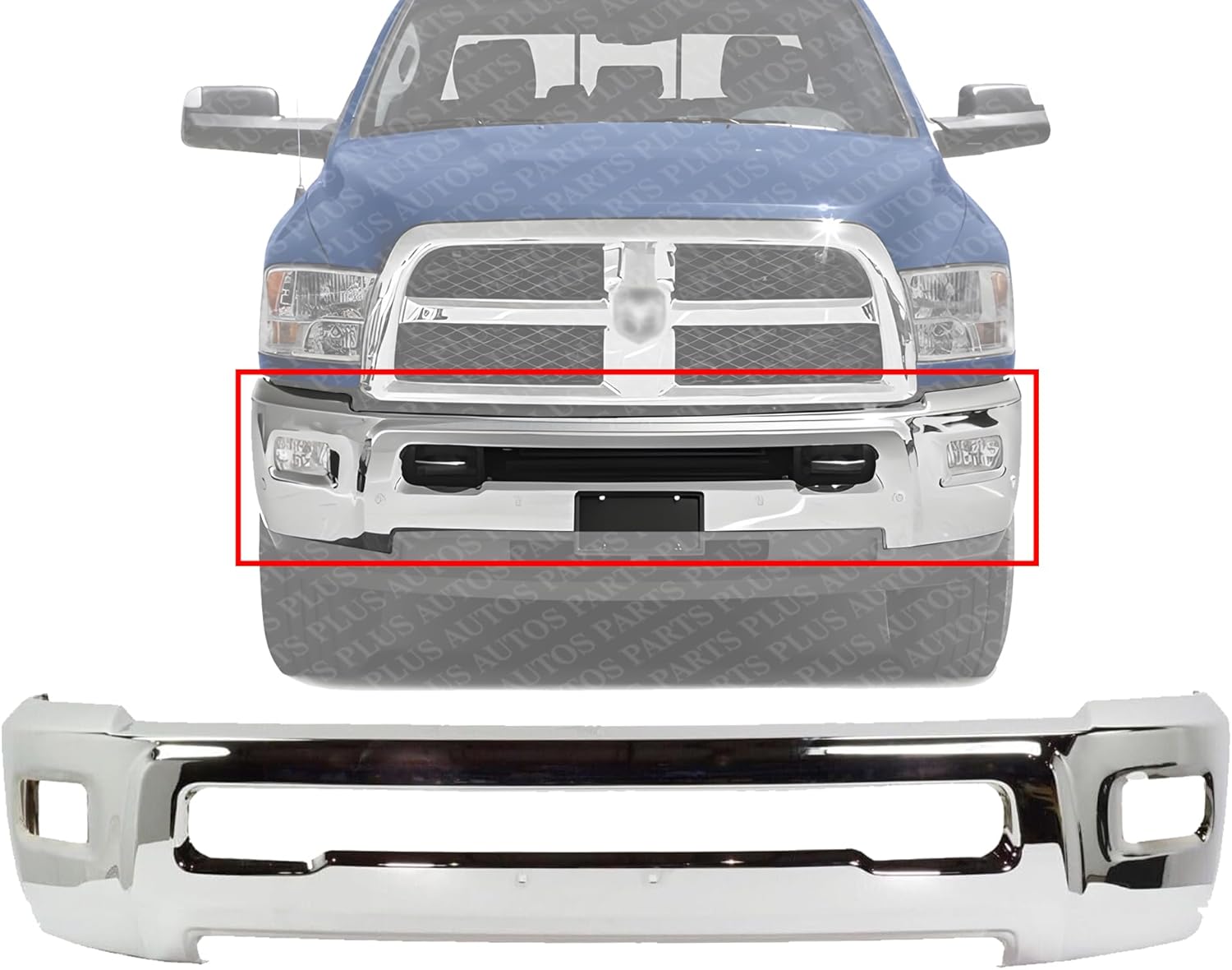 Front Bumper Chrome Steel Without Parking Aid Sensor Holes Direct Replacement Compatible With 2010-2018 Dodge Ram 2500/3500 CH1002390 68045698AB