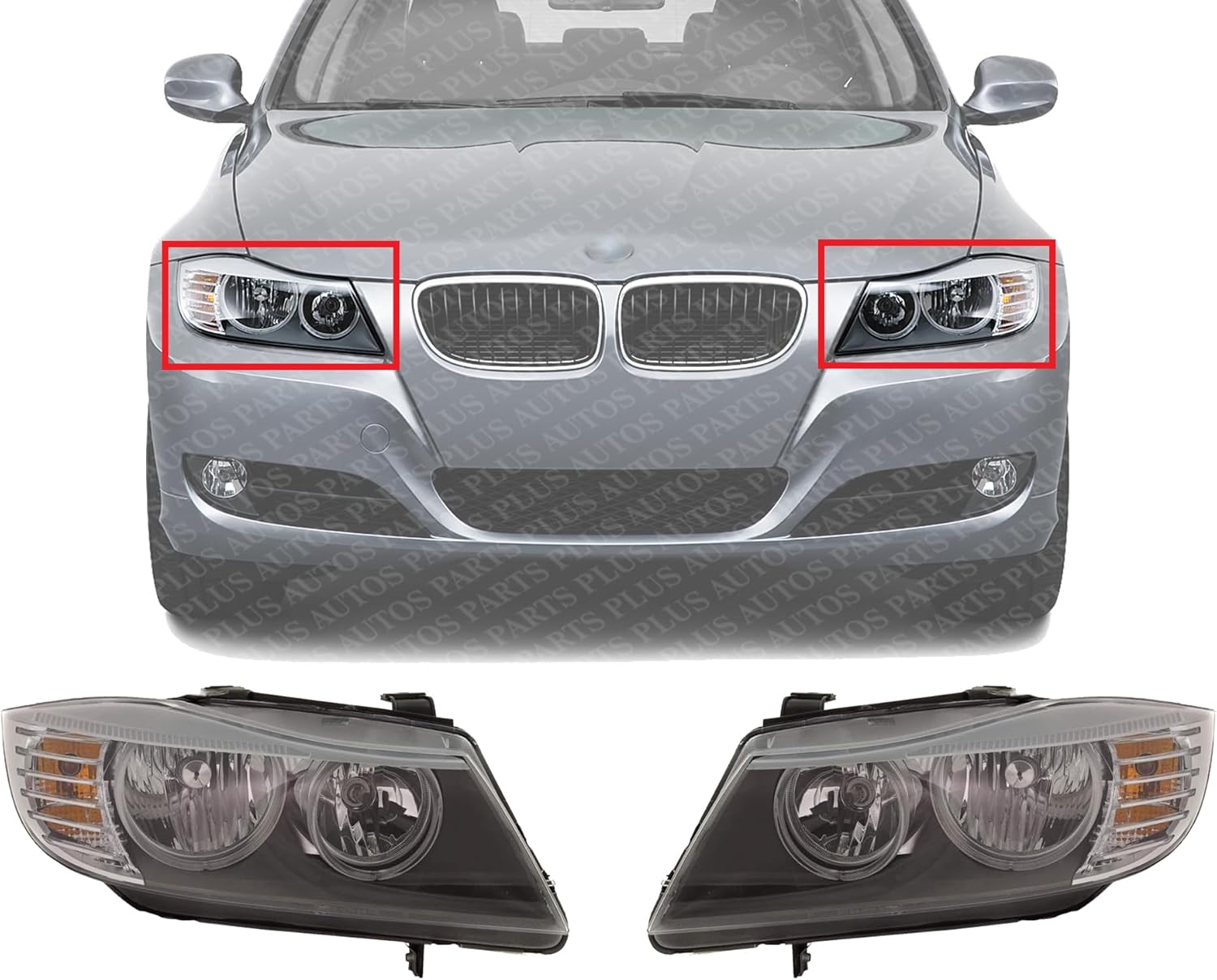 Set Of 2 Front Headlight Lens And Housing Halogen Right Passenger & Left Driver Side Direct Replacement Compatible With 2009-2012 BMW 3-Series BM2518123 BM2519123 63117202578