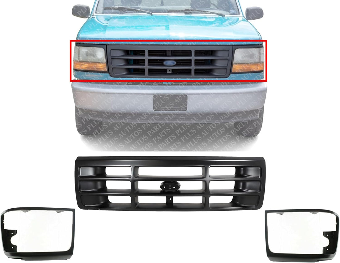 AUTOS PARTS PLUS Front Grille Assembly Painted Gray Shell And Insert + Head Light Door Bezels Left Driver & Right Passenger Side Direct Replacement Compatible With 1992-1997 Ford F-Series FO1200323