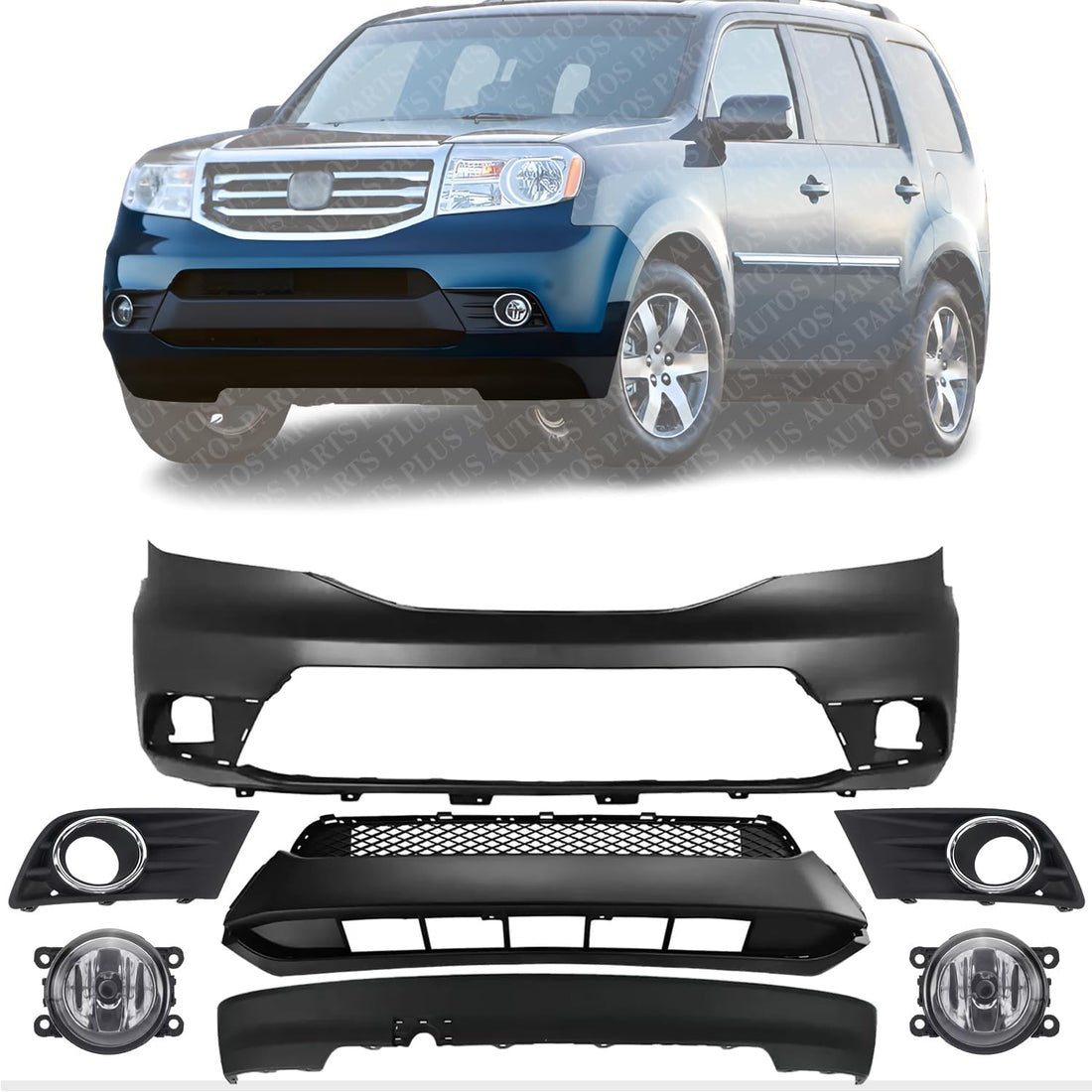 Front Bumper Primed + Lower Grille + Valance Textured + Fog Lights + Bezels With Chrome Rings Left And Right Side Direct Replacement Compatible With 2012-2015 Honda Pilot