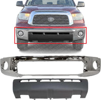 Front Bumper Face Bar Chrome Steel Without Park Assist Sensor Holes + Lower Valance Panel Textured Direct Replacement Compatible With 2007-2009 Toyota Tundra TO1002182 TO1095199