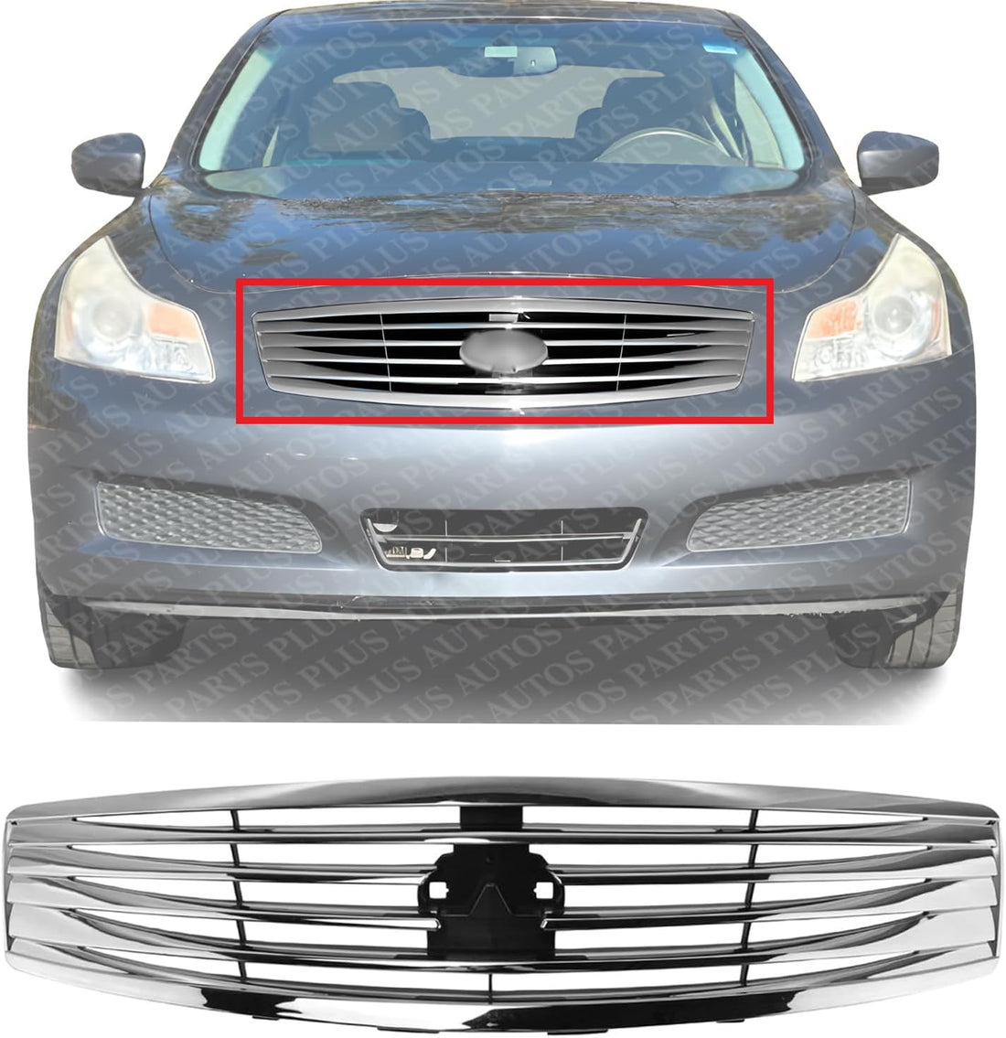 Front Grille Chrome Shell And Insert Plastic Direct Replacement Compatible With 2009 Infiniti G37 / 2007-2008 G35 IN1200116 62070JK60B