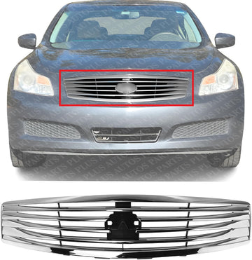 Front Grille Chrome Shell And Insert Plastic Direct Replacement Compatible With 2009 Infiniti G37 / 2007-2008 G35 IN1200116 62070JK60B