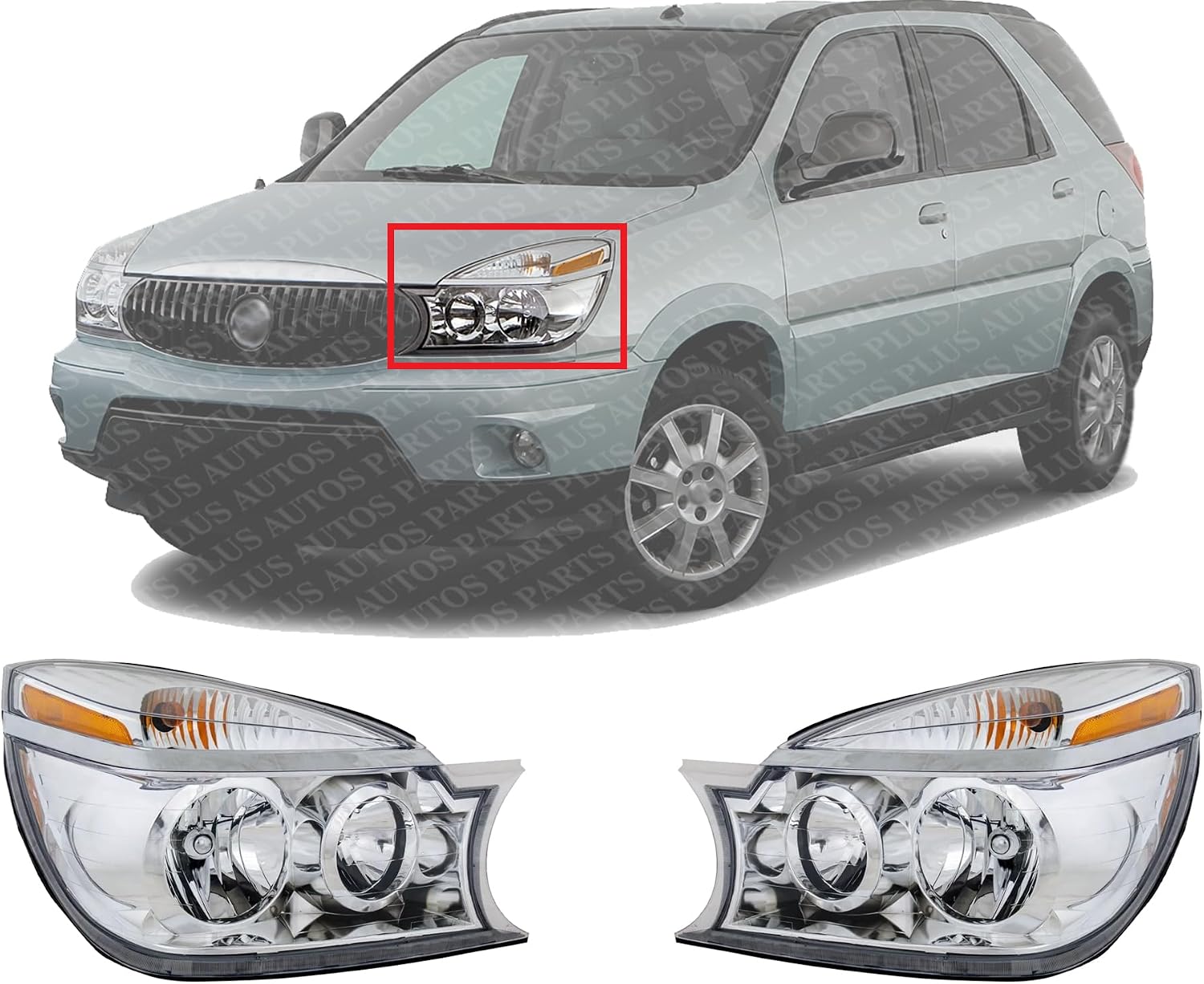 Set Of 2 Front Head Light Assembly Plastic Left Driver & Right Passenger Side Direct Replacement Compatible With 2004-2007 Buick Rendezvous GM2502245 GM2503245 10342801 10342802