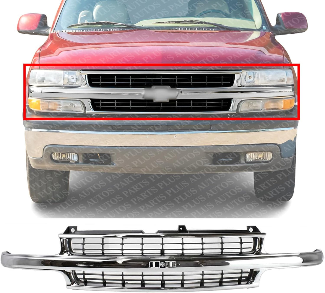 Front Grille Chrome Shell With Cross Bar Insert Direct Replacement Compatible With 2000-2006 Chevrolet Tahoe/Chevrolet Suburban GM1200442 88968934