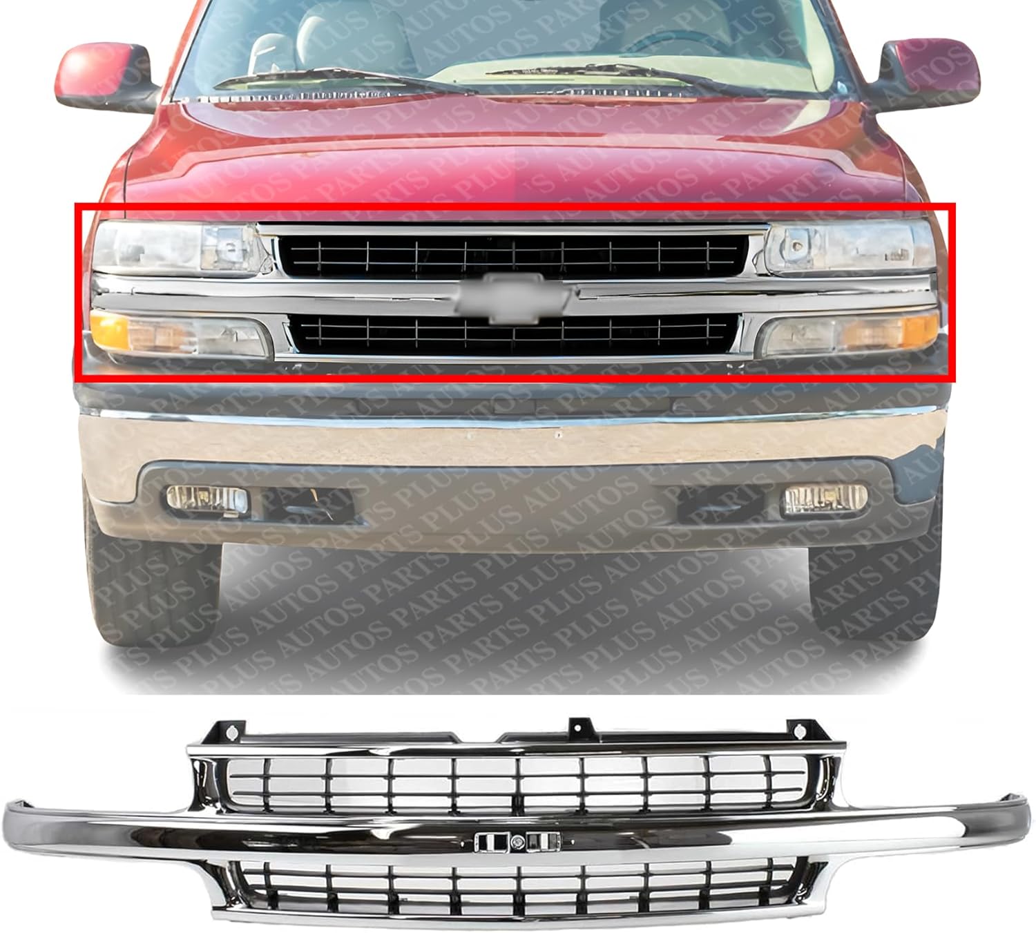 Front Grille Chrome Shell With Cross Bar Insert Direct Replacement Compatible With 2000-2006 Chevrolet Tahoe/Chevrolet Suburban GM1200442 88968934