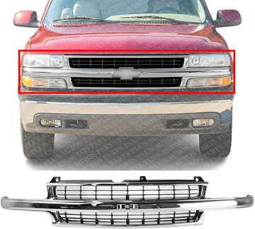 Front Grille Chrome Shell With Cross Bar Insert Direct Replacement Compatible With 2000-2006 Chevrolet Tahoe/Chevrolet Suburban GM1200442 88968934