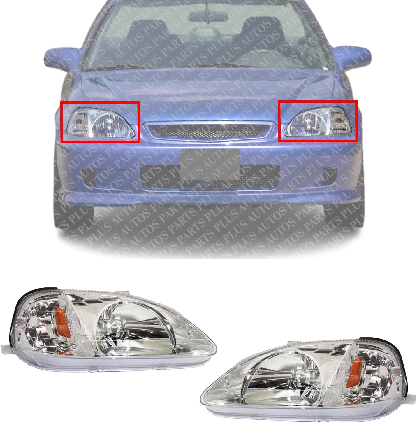 Set Of 2 Front Headlights Lens And Housing Right Passenger & Left Driver Side Direct Replacement Compatible With 1999-2000 Honda Civic HO2502113 HO2503113 33151S01A02 33101S01A02