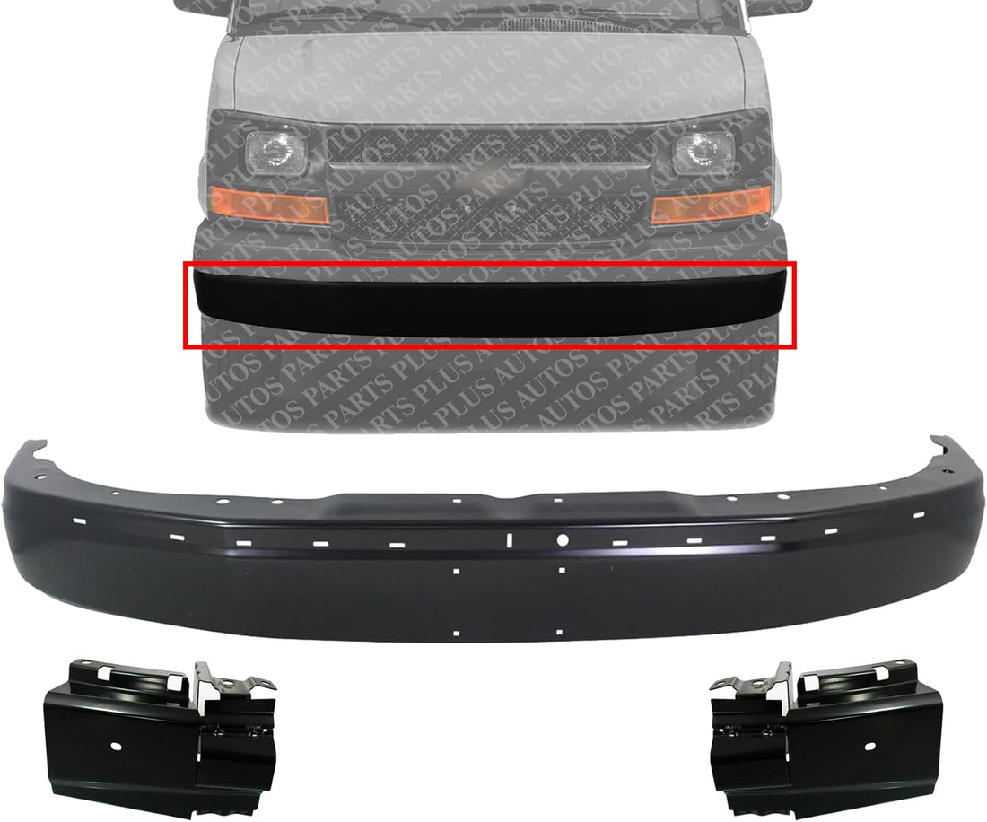 Front Bumper Face Bar Primed + Bracket Right Passenger & Left Driver Side Direct Replacement Compatible With 2003-2014 Chevrolet Express/GMC Savana 1500/2003-2023 2500 3500