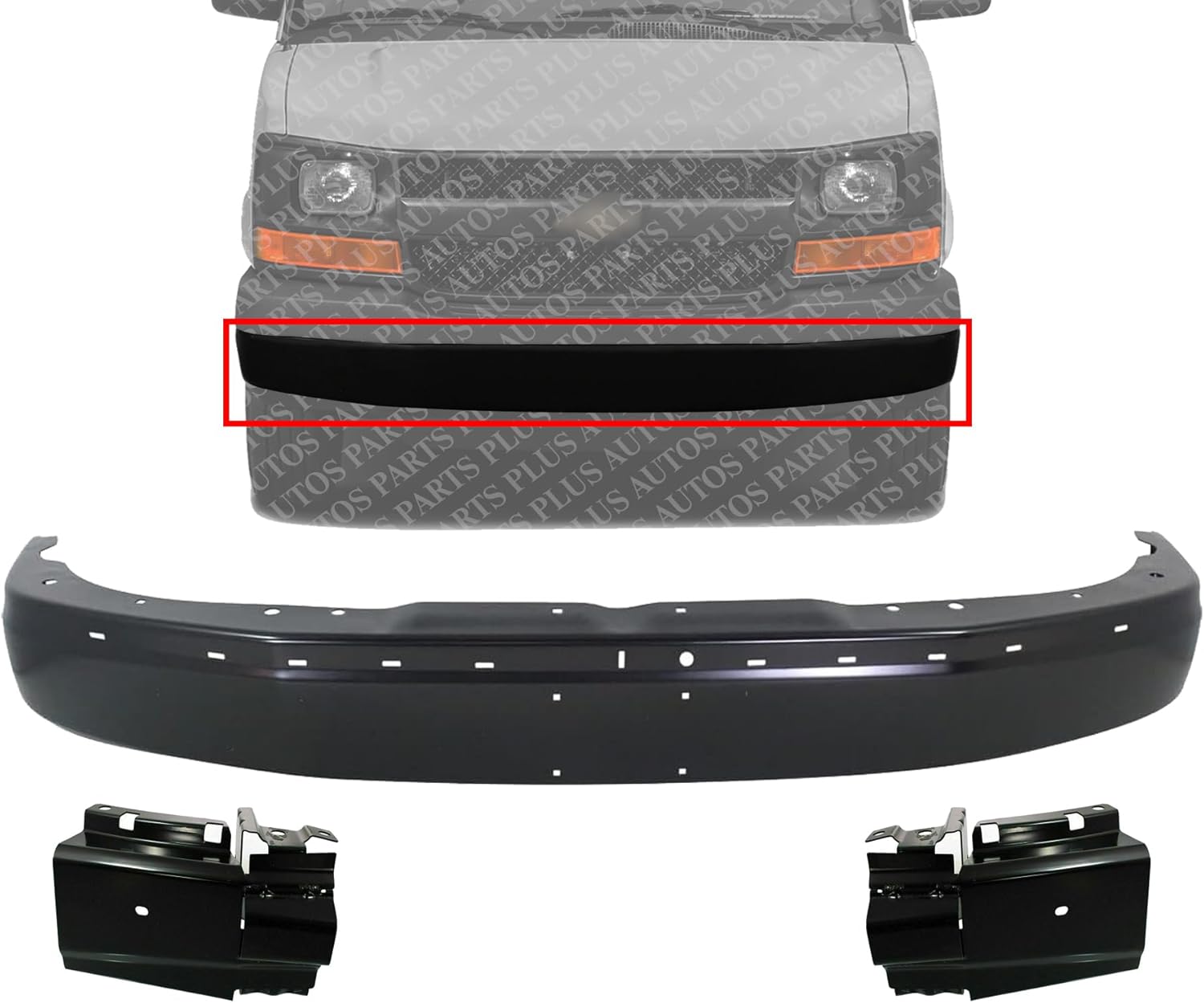Front Bumper Face Bar Primed + Bracket Right Passenger & Left Driver Side Direct Replacement Compatible With 2003-2014 Chevrolet Express/GMC Savana 1500/2003-2023 2500 3500