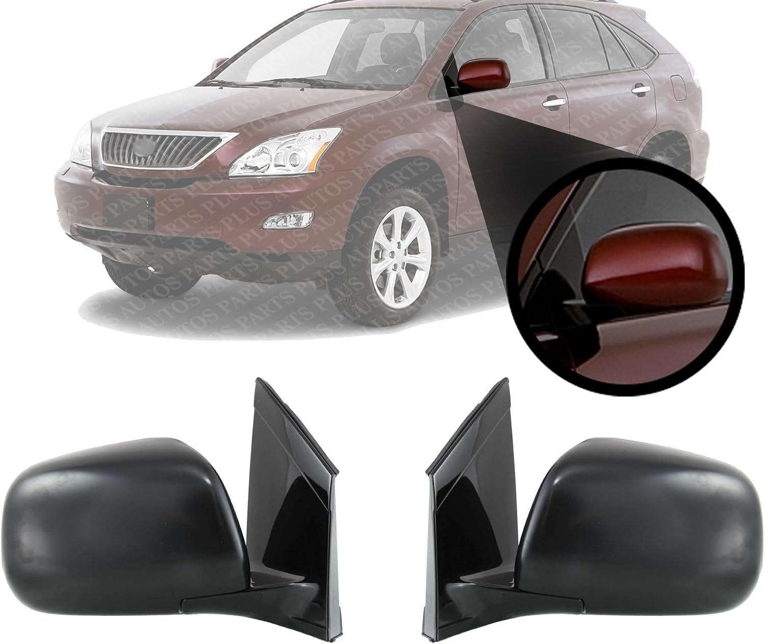 Set Of 2 Front Power Mirror Heated Manual Folding Primed Plastic Left Driver & Right Passenger Side Direct Replacement Compatible With 2004-2006 Lexus RX330 / 2007-2009 Lexus RX350