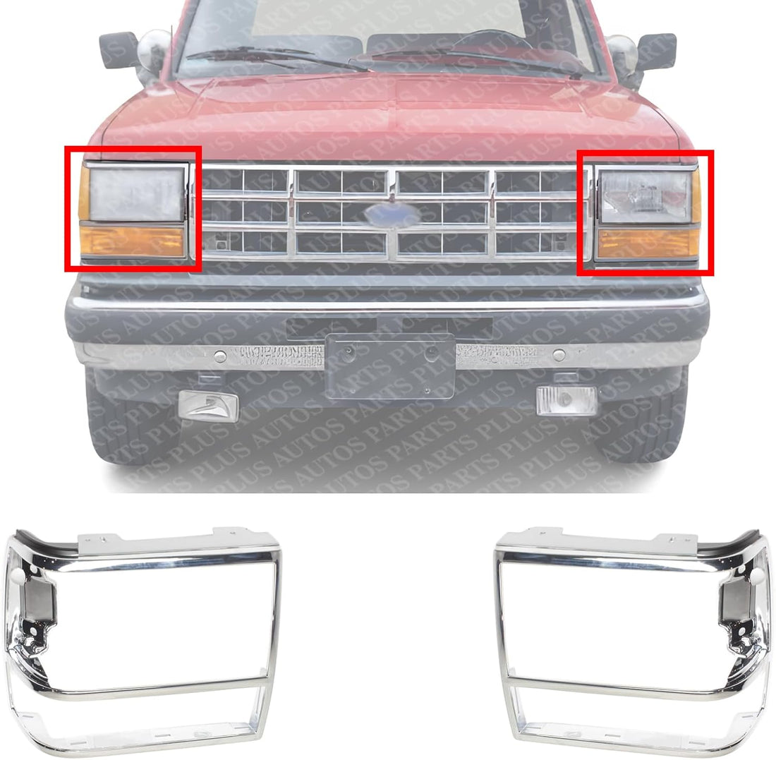 SET https://m.media-amazon.com/images/I/31PM9-eImCL._AC_.jpgOf 2 Front Head Light Door Bezel Chrome Left Driver & Right Passenger Side Direct Replacement Compatible With 1989-1992 Ford Ranger / 1991-1994 Explorer FO2513111 FO2512156
