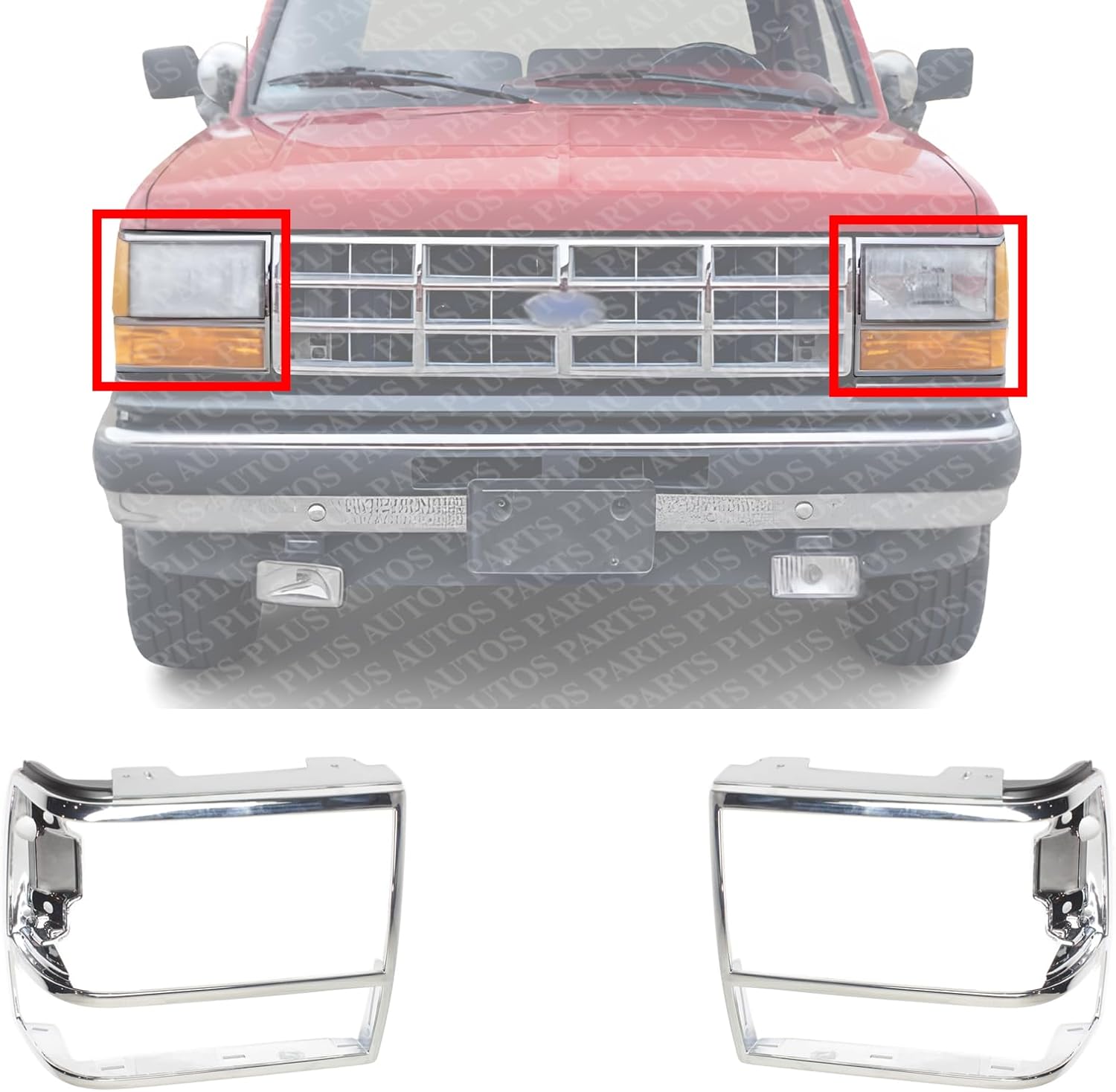 SET https://m.media-amazon.com/images/I/31PM9-eImCL._AC_.jpgOf 2 Front Head Light Door Bezel Chrome Left Driver & Right Passenger Side Direct Replacement Compatible With 1989-1992 Ford Ranger / 1991-1994 Explorer FO2513111 FO2512156