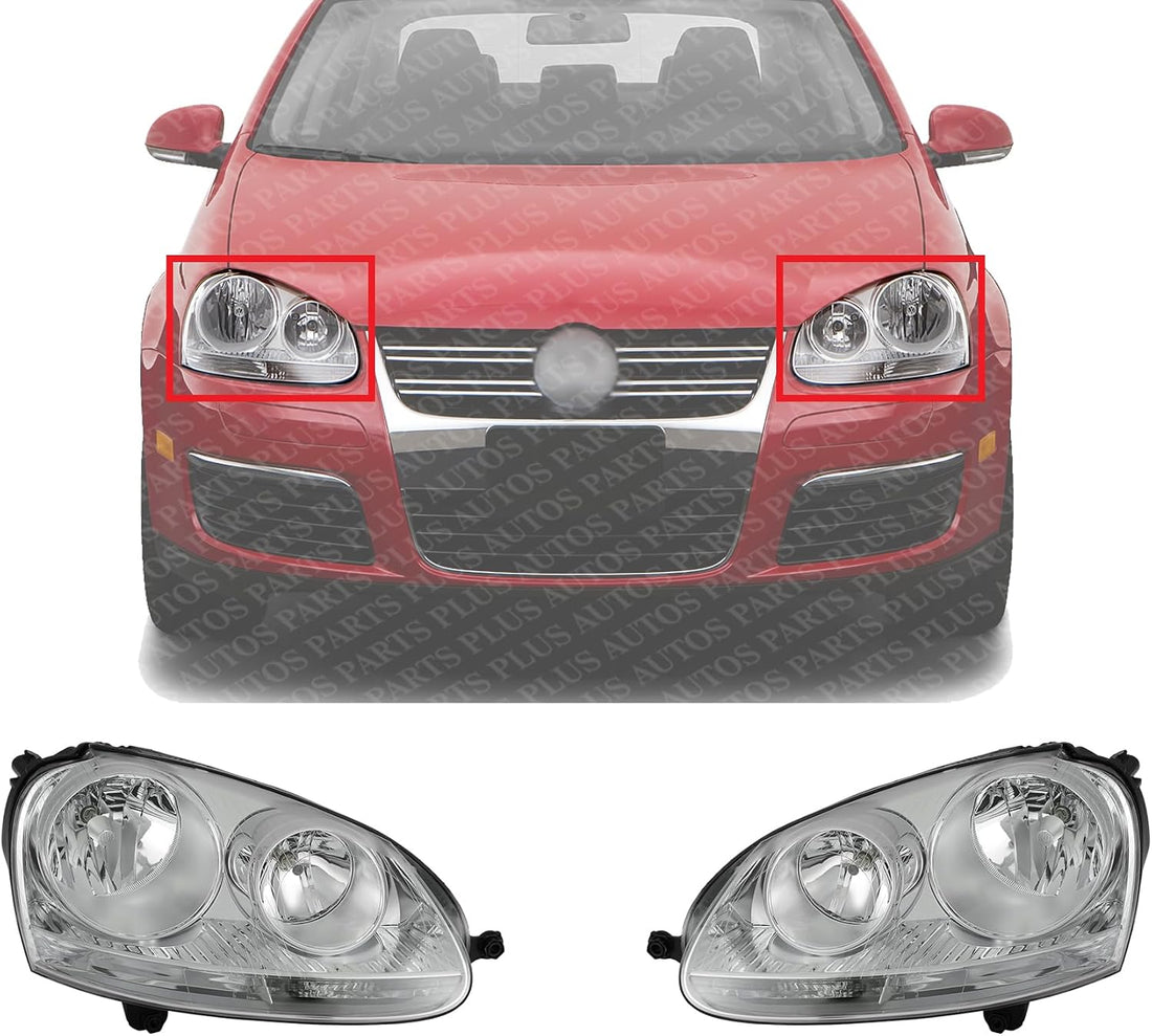 Set Of 2 Front Head Light Assembly Plastic Left Driver & Right Passenger Side Direct Replacement Compatible With 2006 Volkswagen Golf / 2005-2010 Jetta VW2502127 VW2503127