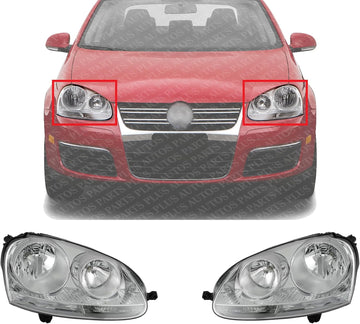 Set Of 2 Front Head Light Assembly Plastic Left Driver & Right Passenger Side Direct Replacement Compatible With 2006 Volkswagen Golf / 2005-2010 Jetta VW2502127 VW2503127