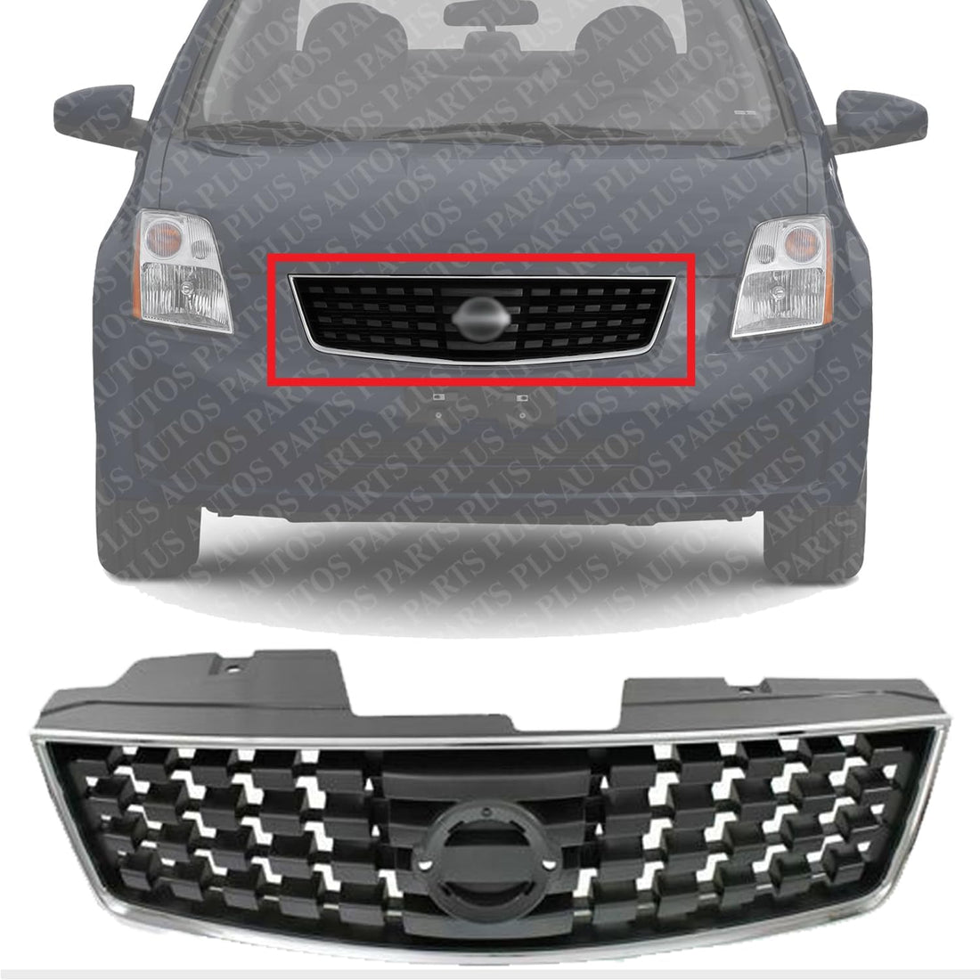 Front Grille Chrome Shell With Painted Dark Silver Black Insert Plastic Direct Replacement Compatible With 2008-2009 Nissan Sentra NI1200248 62070ZE90A