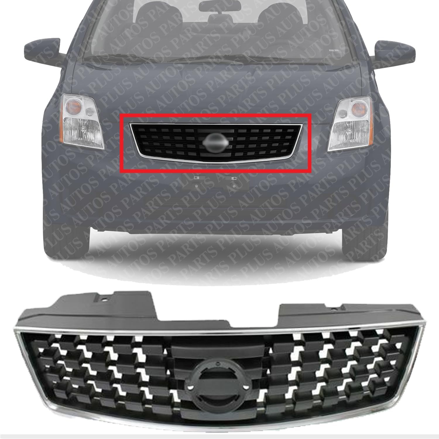 Front Grille Chrome Shell With Painted Dark Silver Black Insert Plastic Direct Replacement Compatible With 2008-2009 Nissan Sentra NI1200248 62070ZE90A