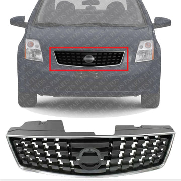 Front Grille Chrome Shell With Painted Dark Silver Black Insert Plastic Direct Replacement Compatible With 2008-2009 Nissan Sentra NI1200248 62070ZE90A