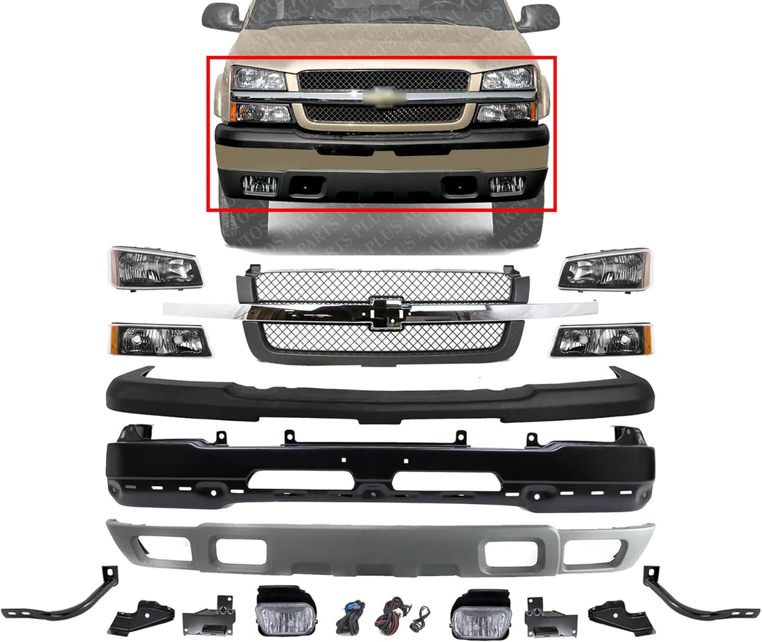 Front Bumper Primed Steel + Grille + Upper Cover + Lower Valance + Brackets + Headlights + Fog Lamps Left & Right Direct Replacement Compatible With 2003-2006 Chevrolet Silverado 1500